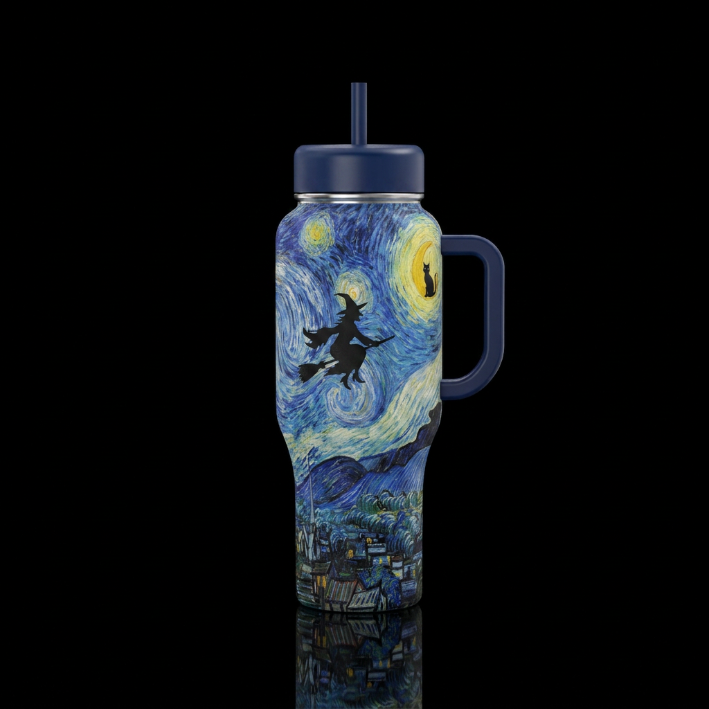 Vincent Van gogh starry painting but add a witch a... water bottle design