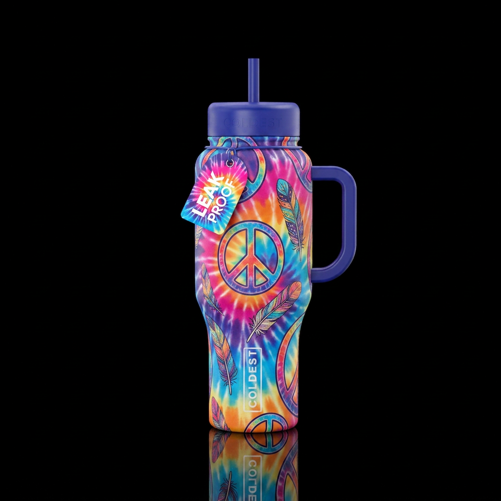 Tie dye bottle with peace signs and feathers water bottle design