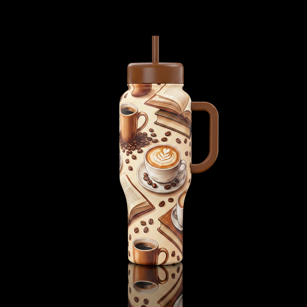 Coffee mugs.  Coffee beans , books , cappuccino on... water bottle design