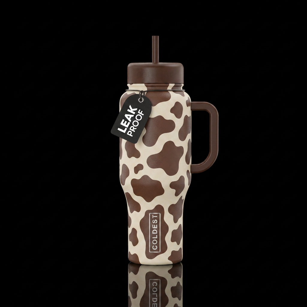 Cow print in cream and chocolate brown water bottle design