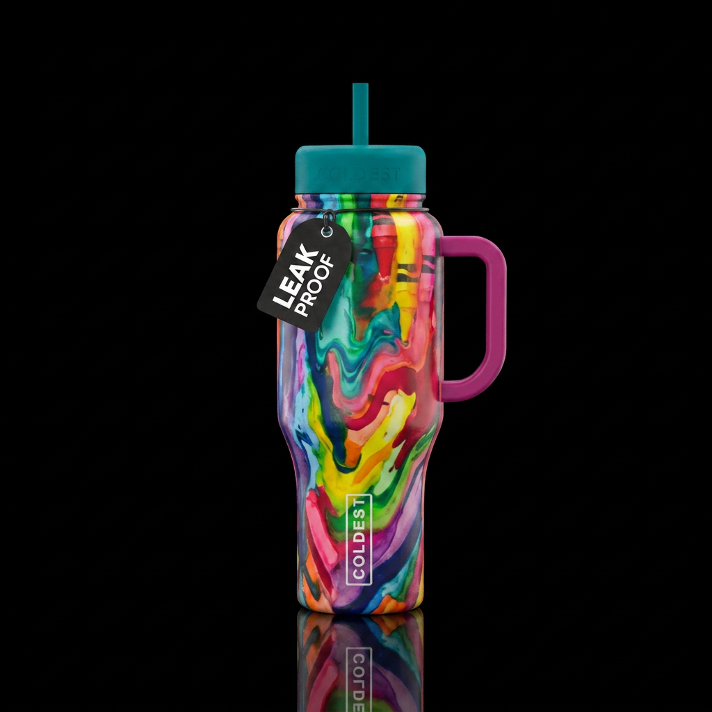 Multi bright colored that looks like melted crayon... water bottle design