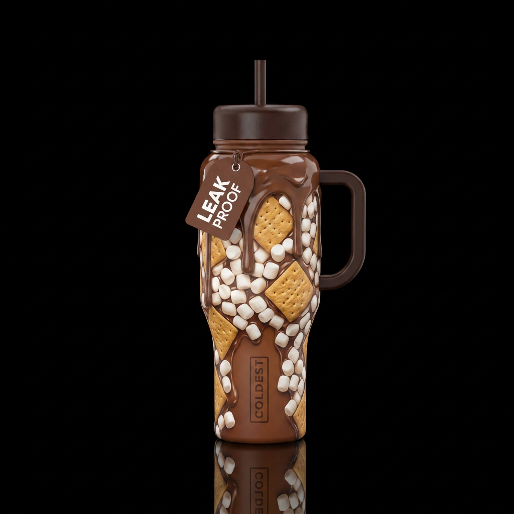 Chocolate colored bottle with mini marshmallows,  ... water bottle design