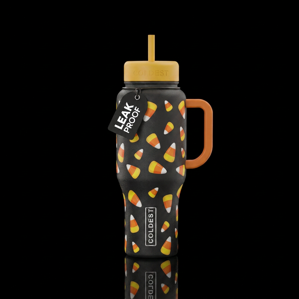 Halloween themed bottle with candy corn scarred ar... water bottle design