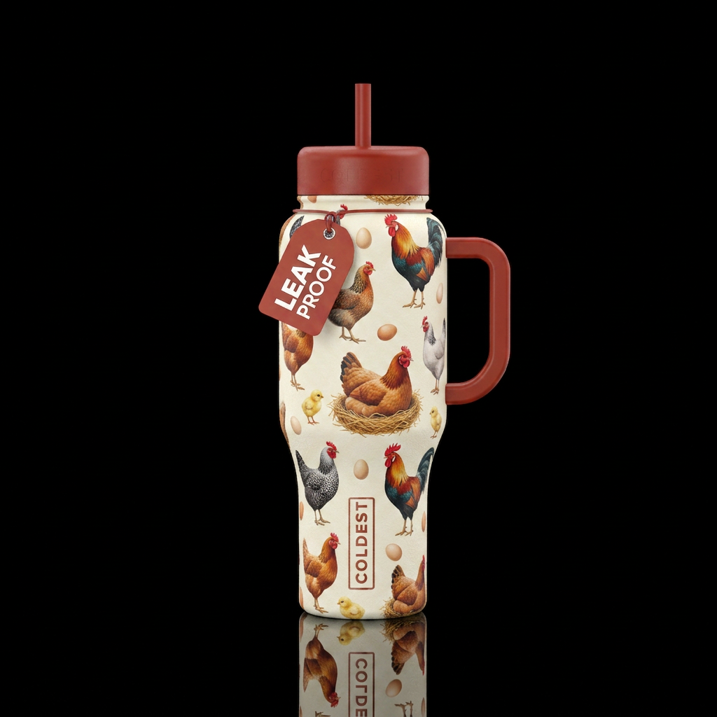Light background with chickens and eggs scattered ... water bottle design