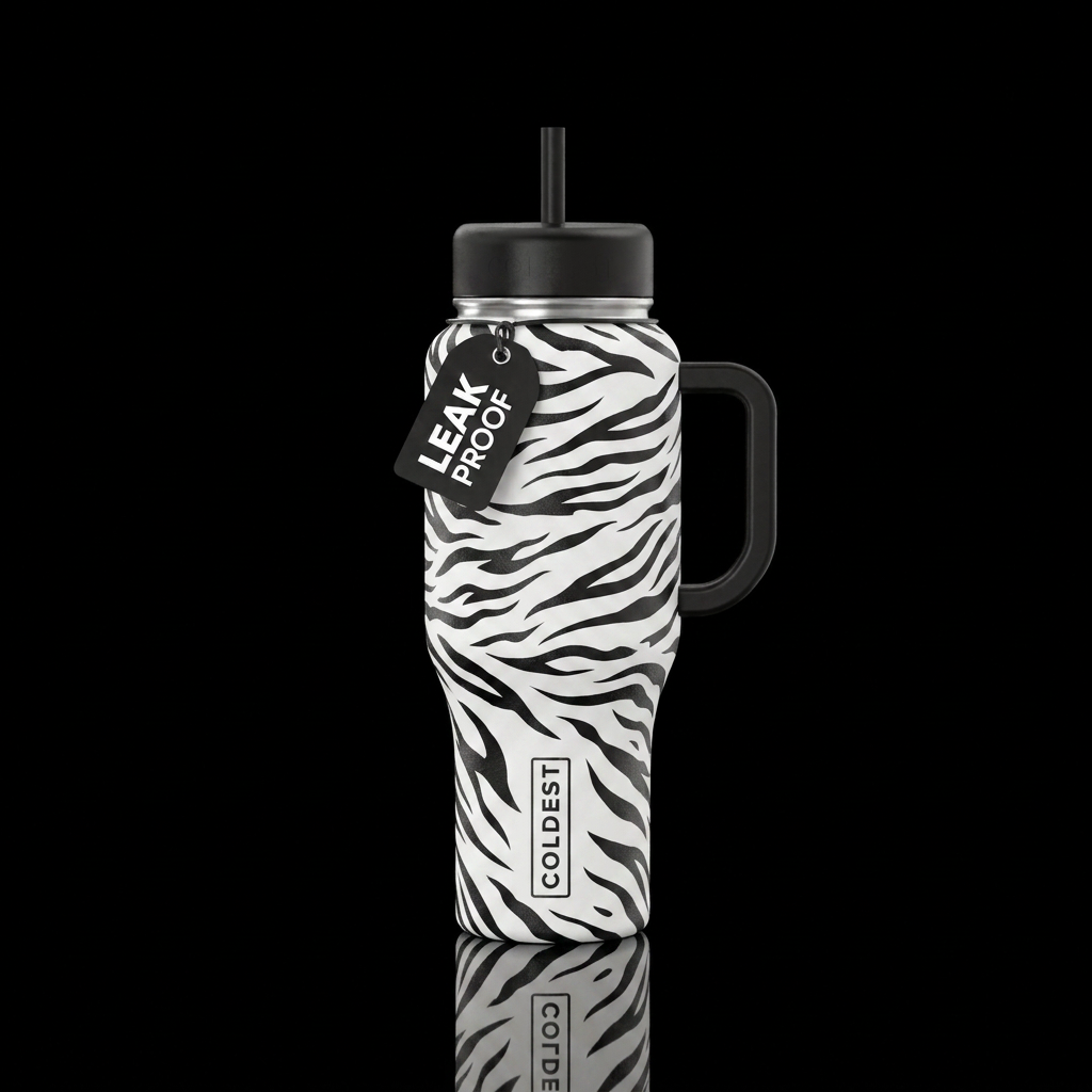 White background with black and white tiger stripe... water bottle design