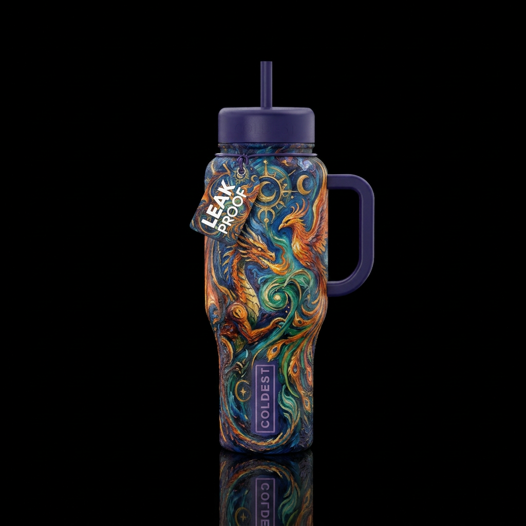 artistic, magic, inbued, oil painted, mythical water bottle design