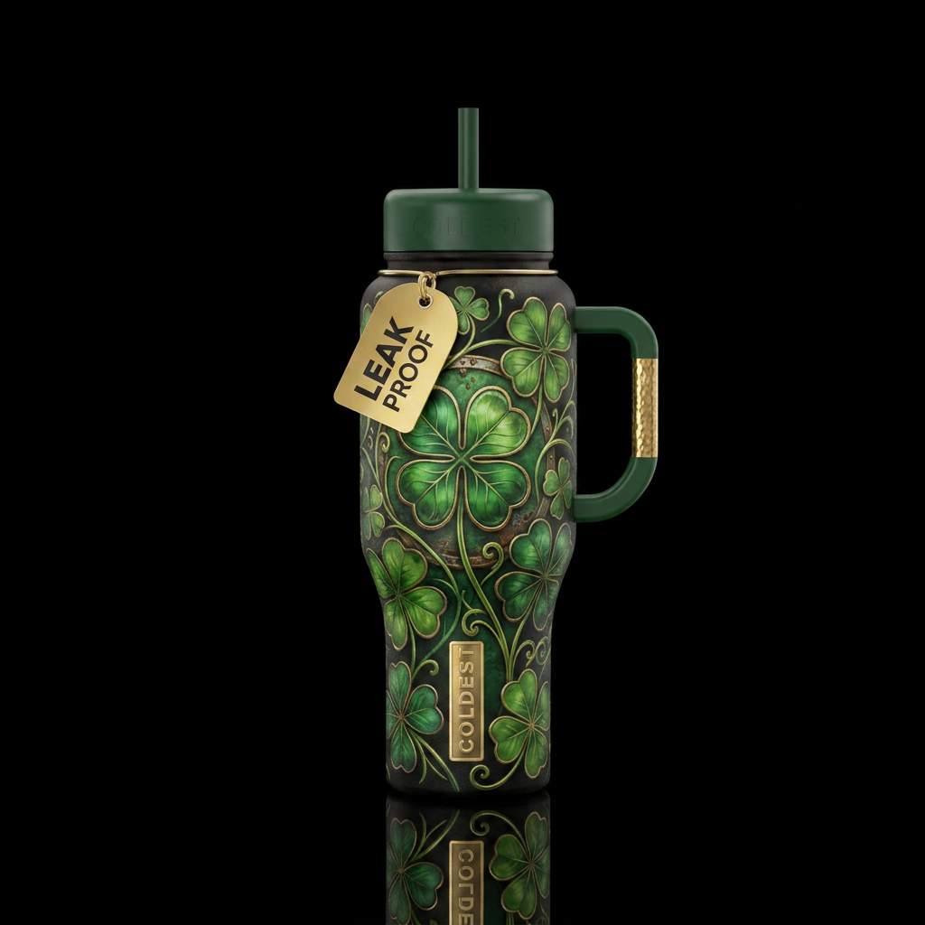 4 leaf clover , green , gold, beautiul, rustic, ma... water bottle design