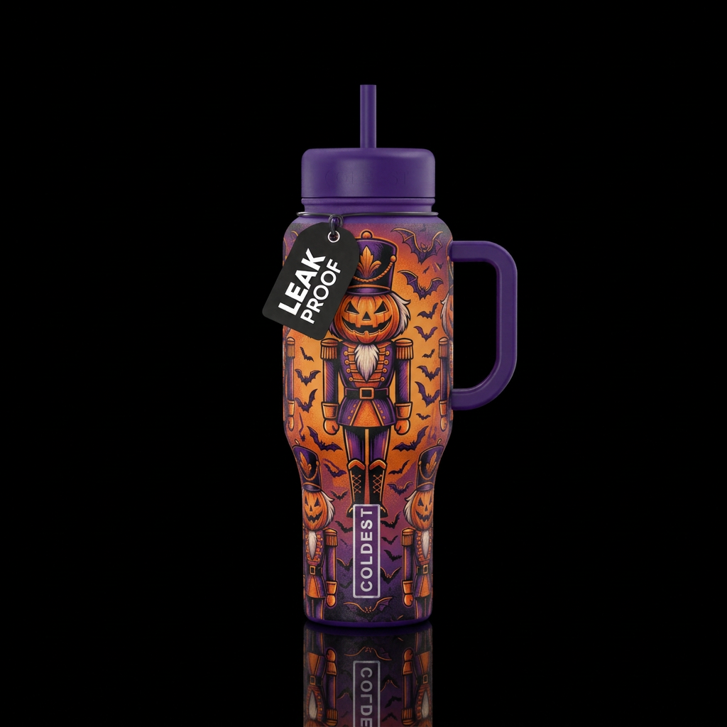 Halloween vibes , pumpkin head nutcracker and bats water bottle design