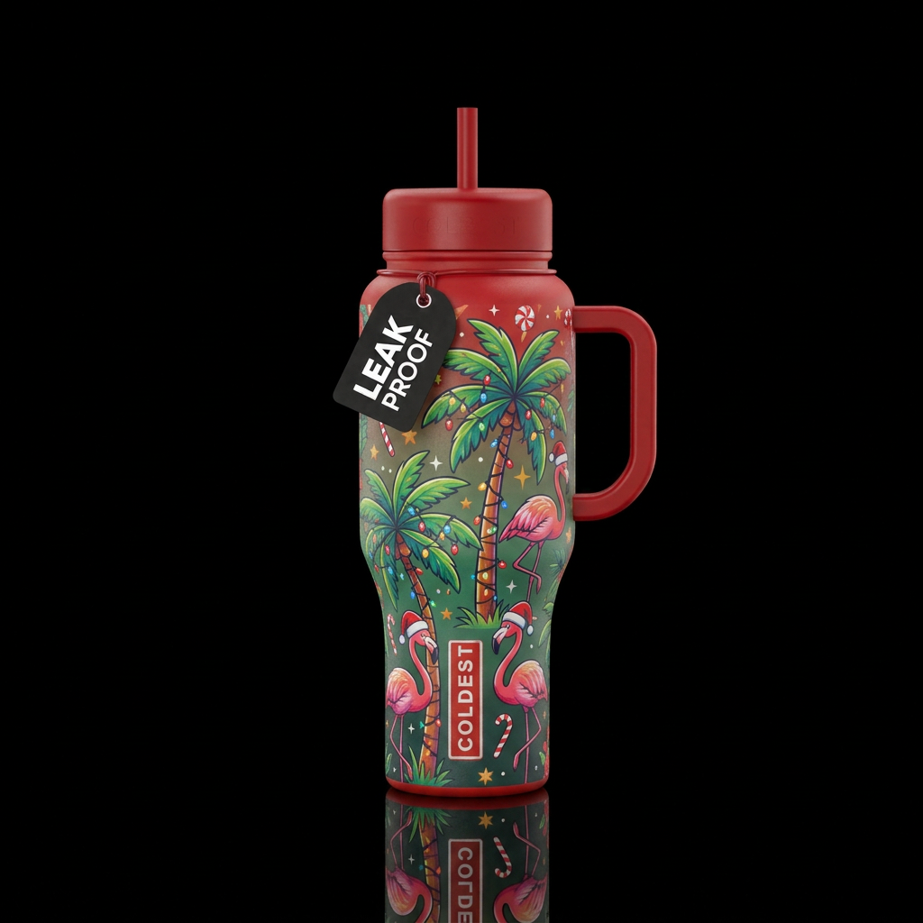 Chrostmas vibes , palm trees and flamingos with sa... water bottle design