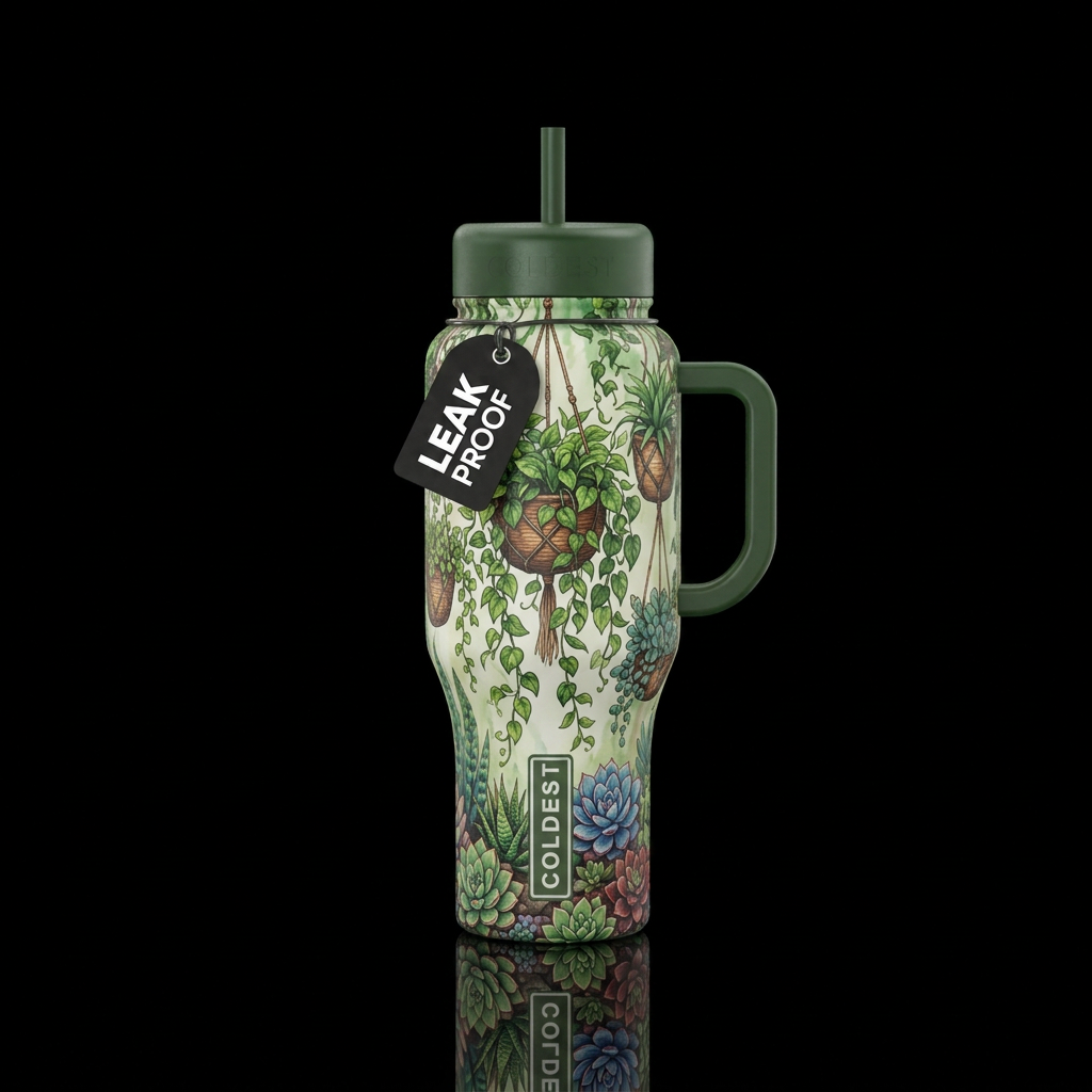 Hanging vining plants in baskets with succulents water bottle design