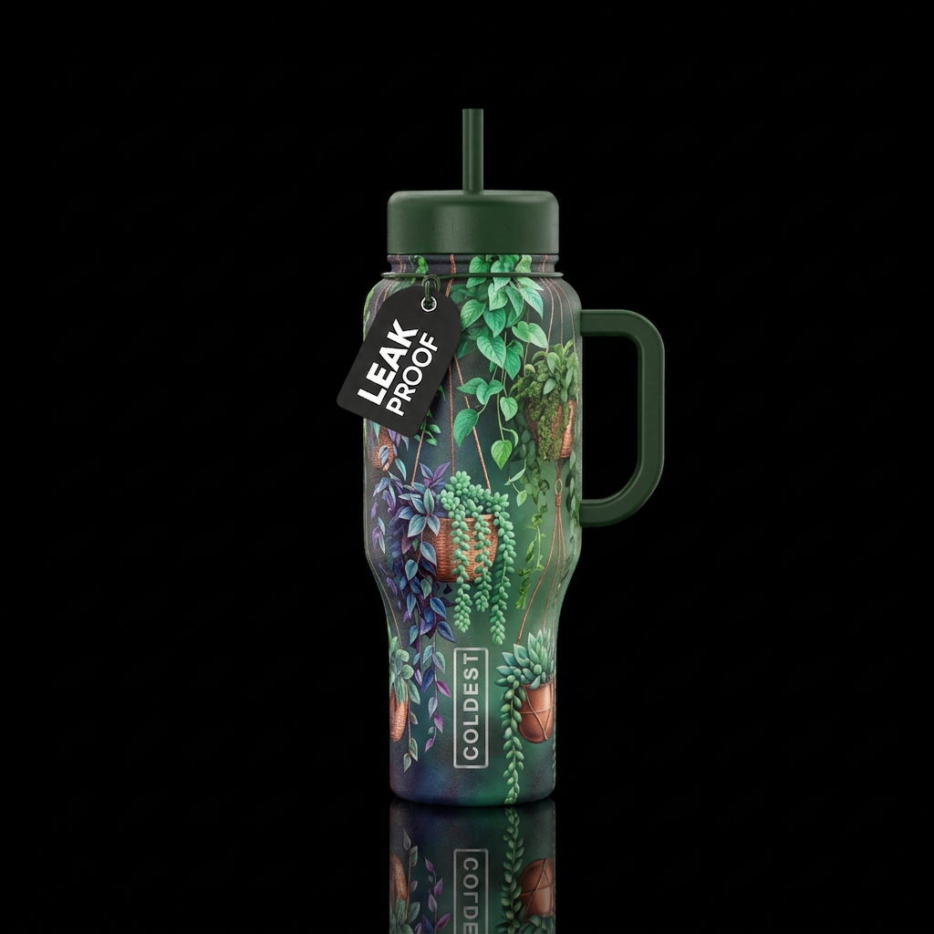 Hanging vining plants in baskets with succulents water bottle design
