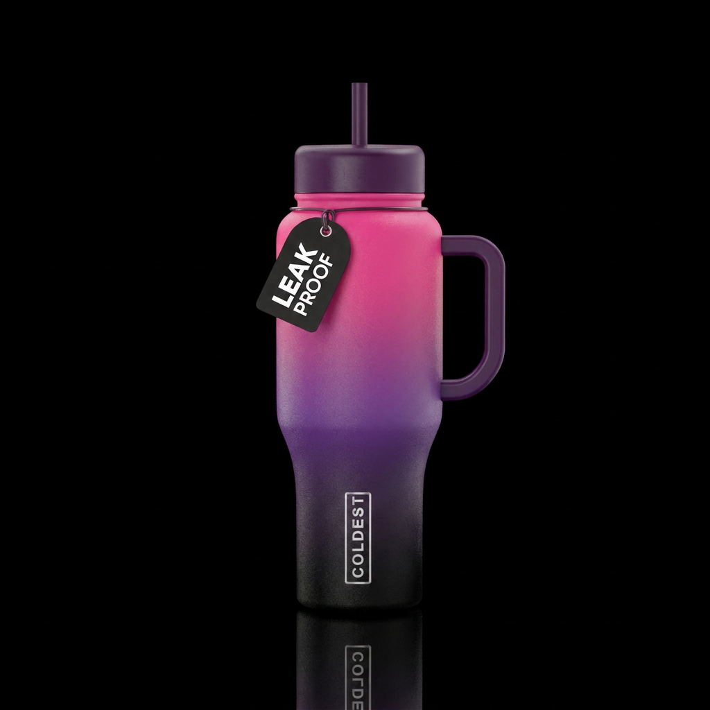 Gradient from hot pink to purple to black water bottle design