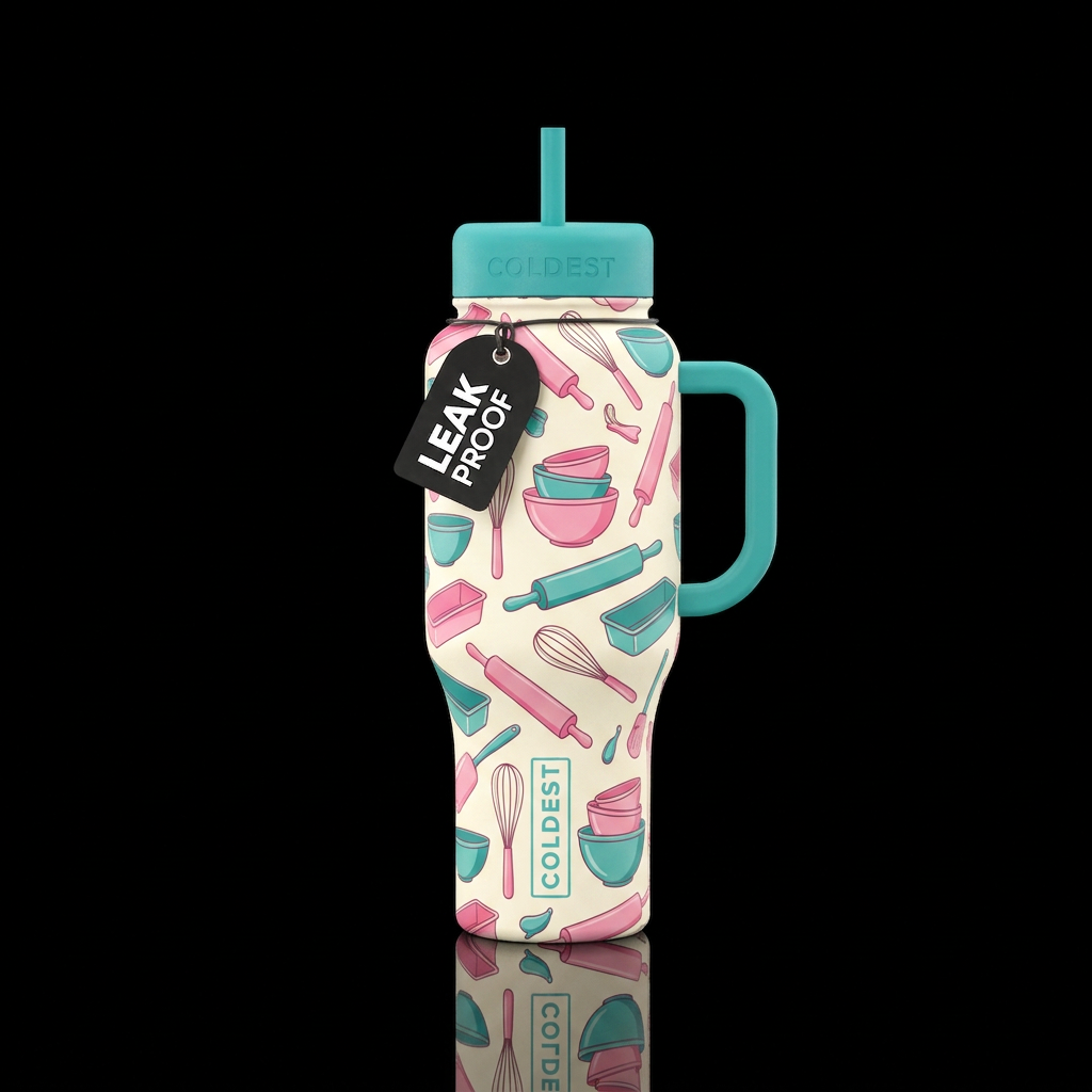 Cream background with pink whisk , baking bowls , ... water bottle design