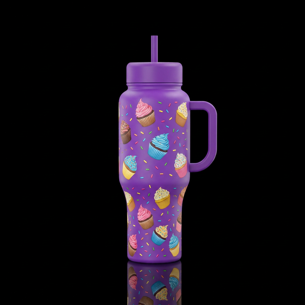 Purple bottle with different colored cupcakes scat... water bottle design