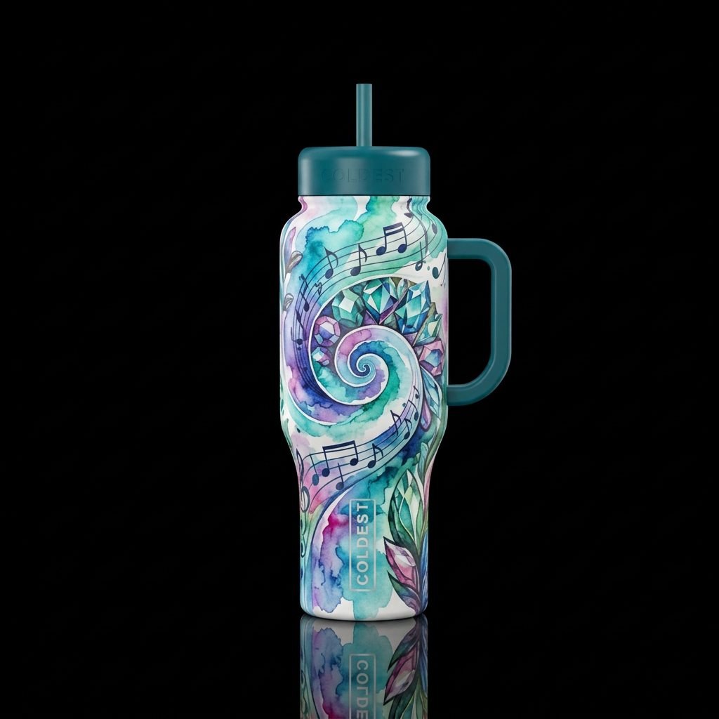 spirals, gemstone, watercolor, music, turquoise water bottle design