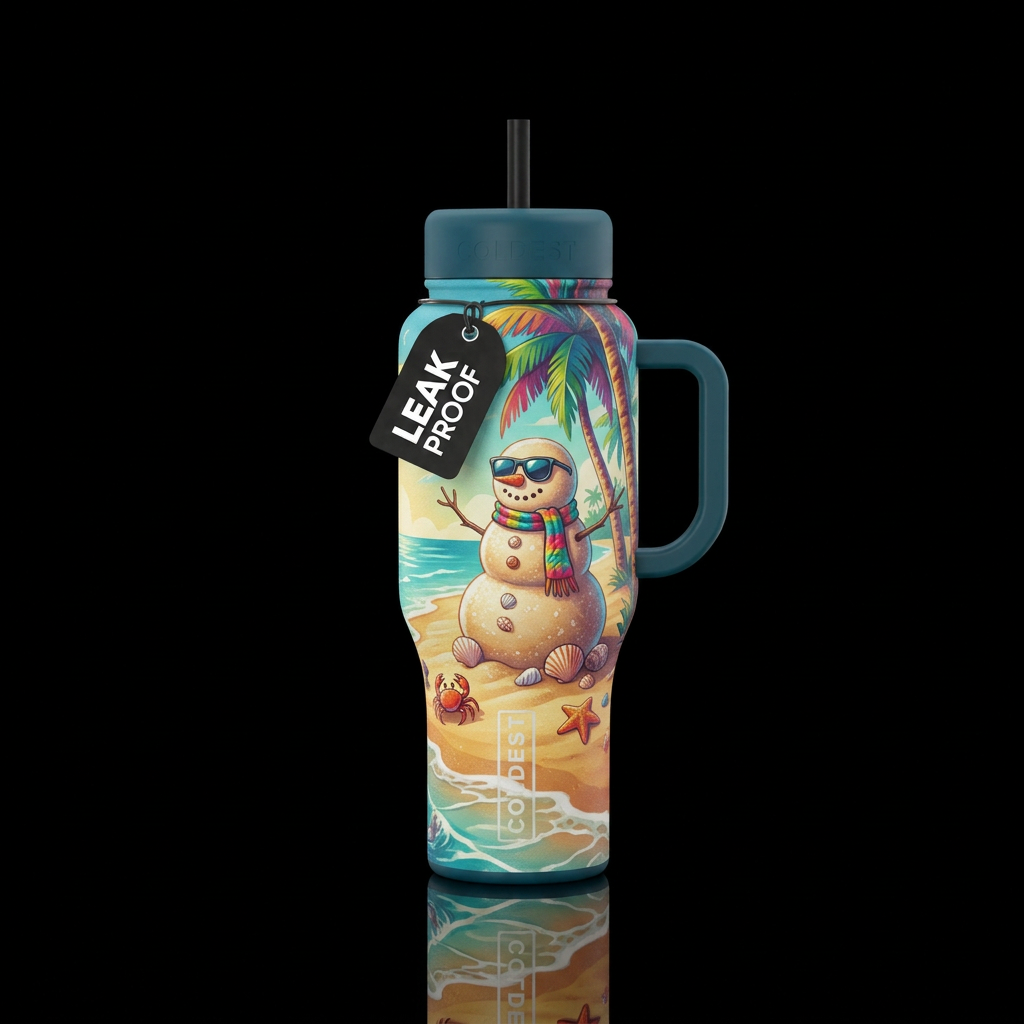 Snowman on the beach with palm trees water bottle design
