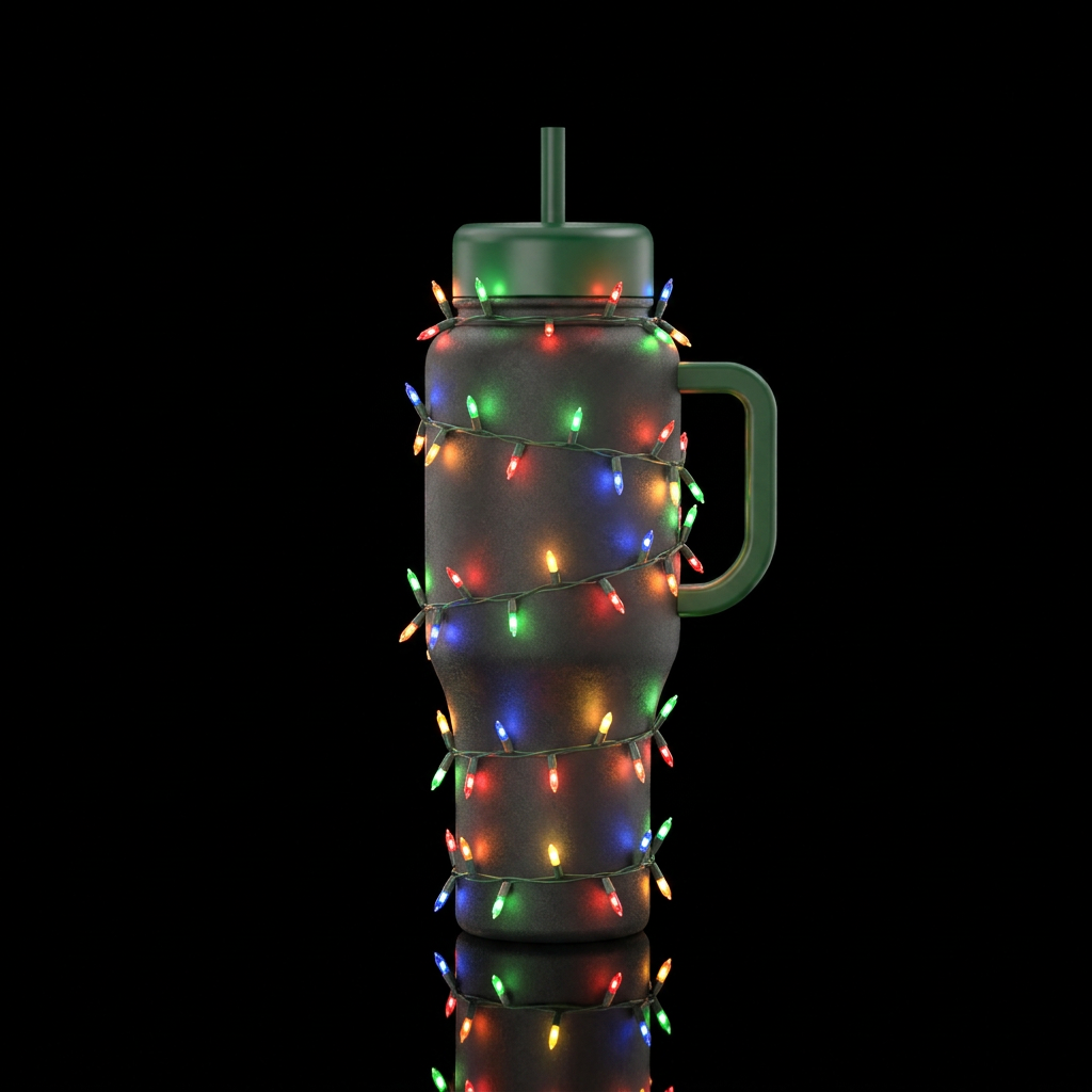 Black bottle with strings of christmas lights layi... water bottle design