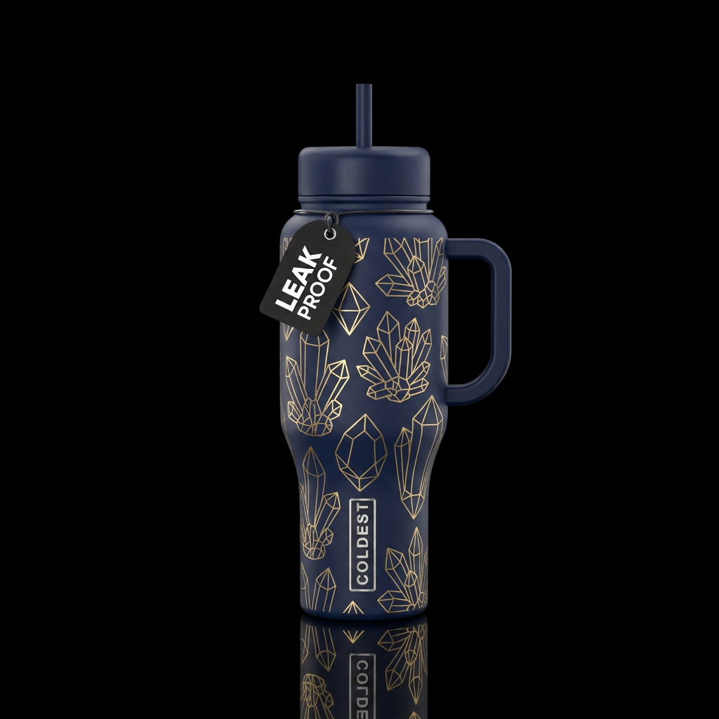 Dark blue navy back ground with gold outline of as... water bottle design