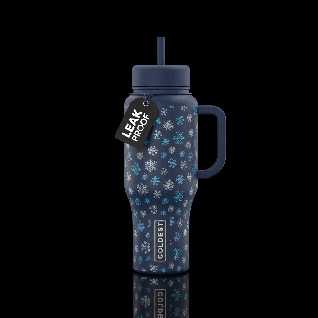 Winter themed bottle , navy background with small ... water bottle design