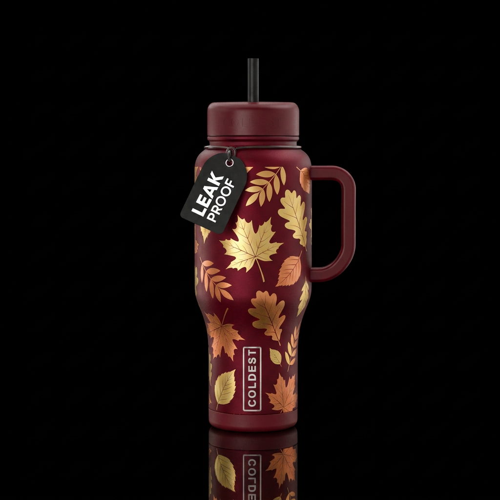 Autumn inspired bottle with a dark red back ground... water bottle design