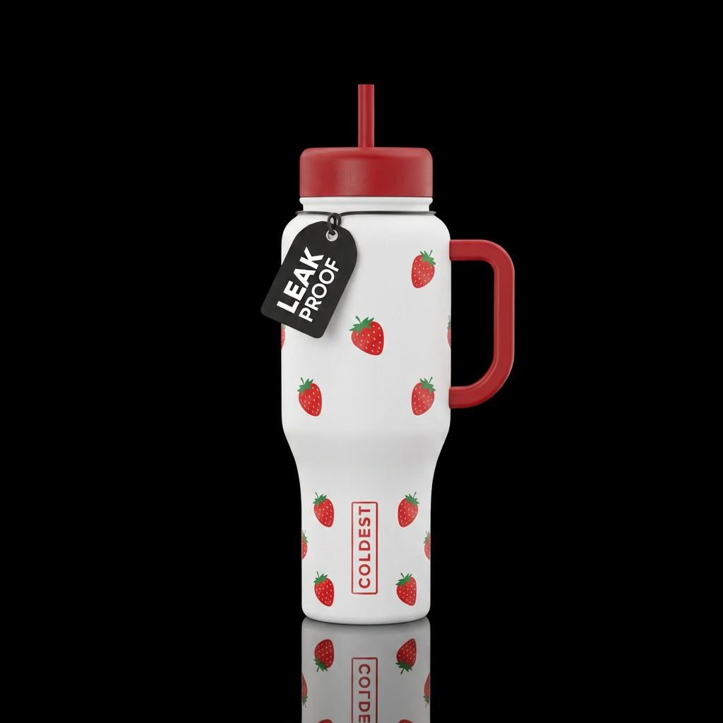 White bottle with small strawberries scattered water bottle design