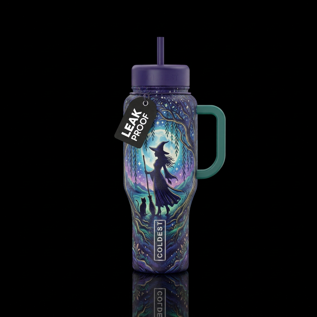 Willow tree , broom , stars , cat , silhouette of ... water bottle design