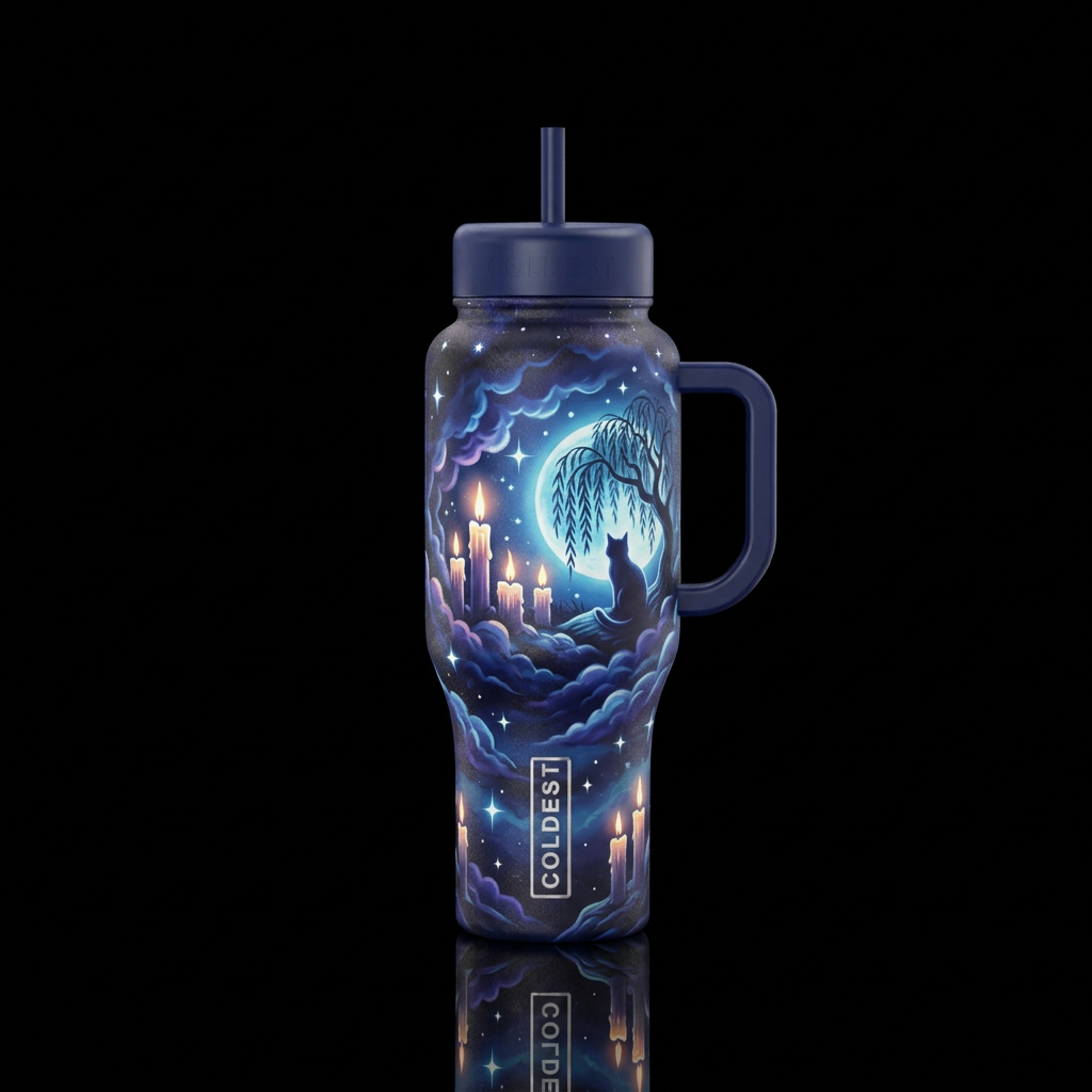 Candles , stormy skies , full moon , willow tree ,... water bottle design