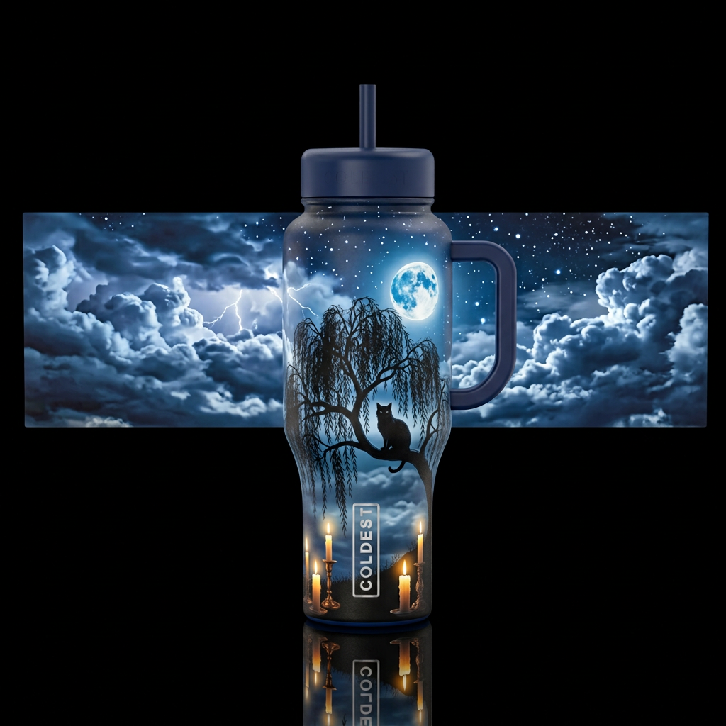 Candles , stormy skies , full moon , willow tree ,... water bottle design