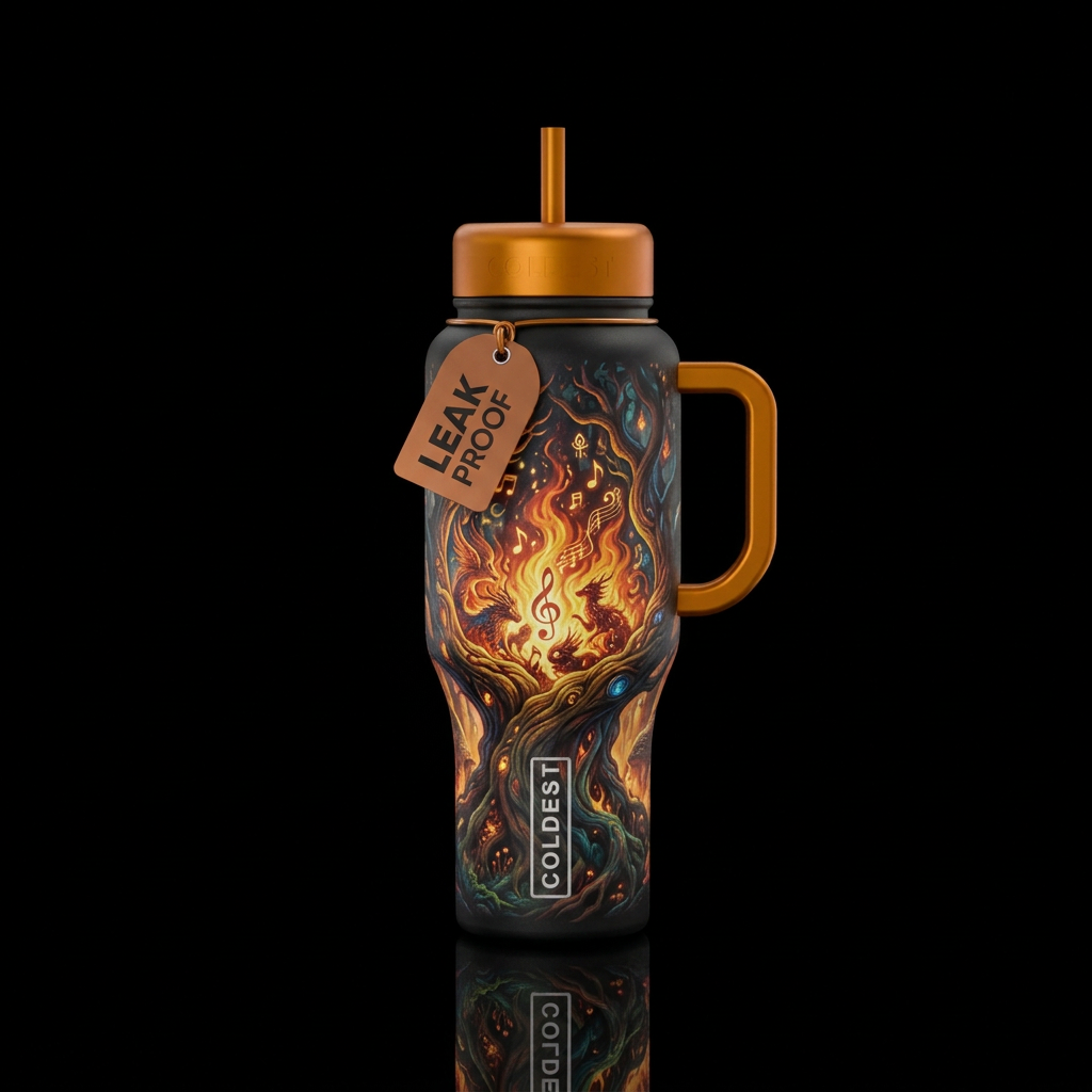 onyx, old, ancient, firery, whimsical, trees, dark... water bottle design