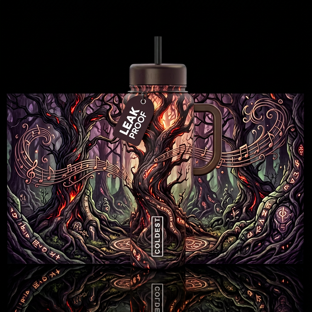 onyx, old, ancient, firery, whimsical, trees, dark... water bottle design