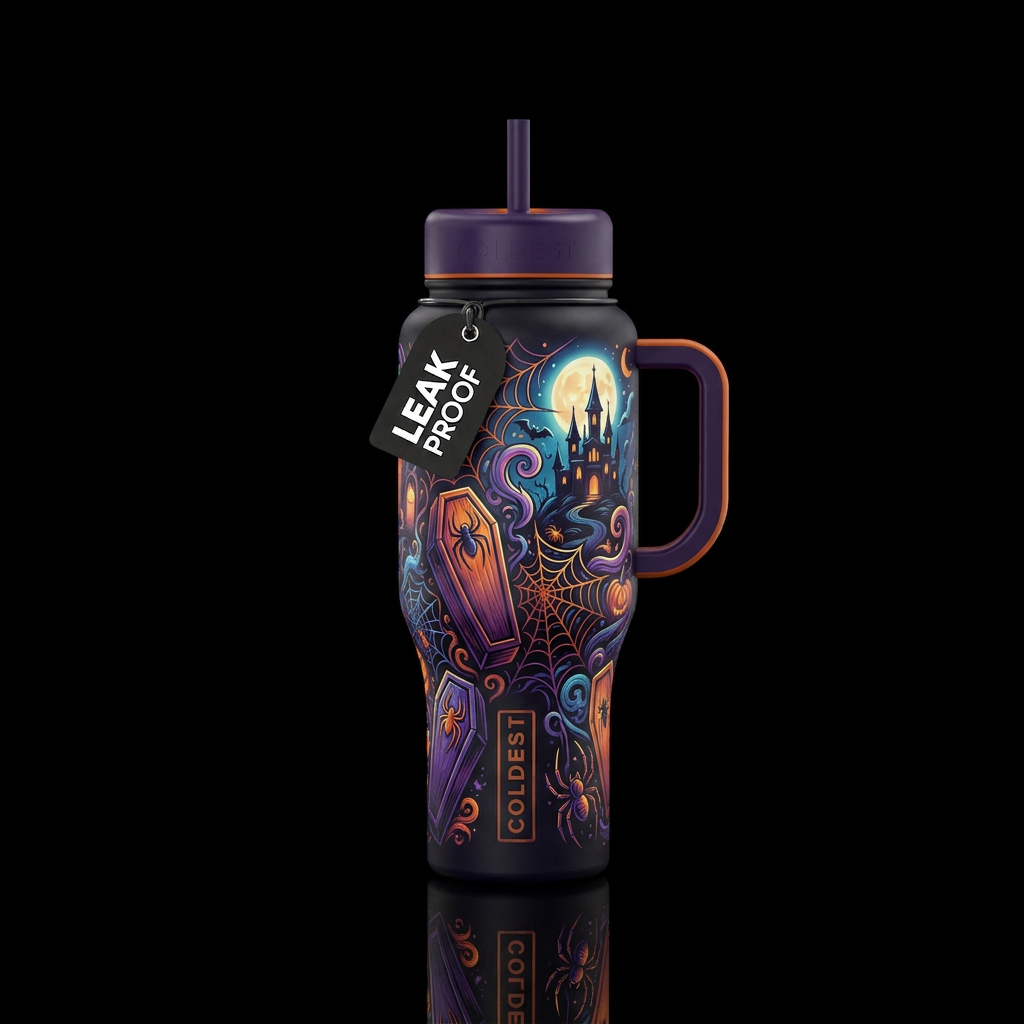 Halloween bottle with coffins , spiders , spider w... water bottle design