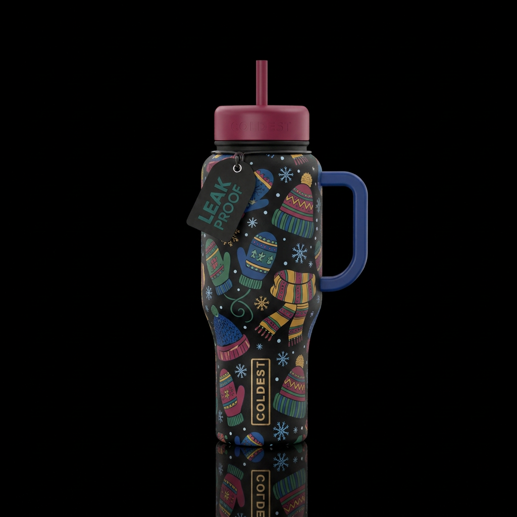 Winter themed , mittens , sticking hat and scarfs ... water bottle design