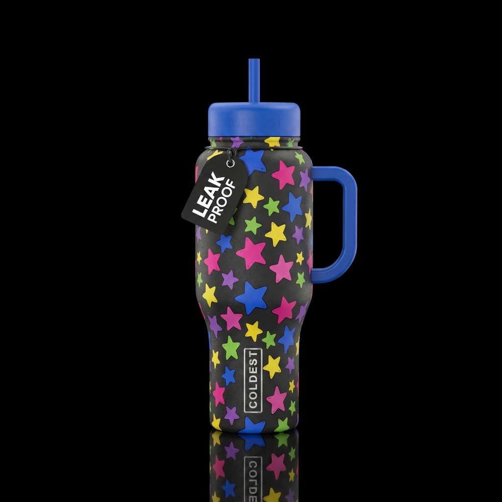 Multi colored stars , cartoonish water bottle design