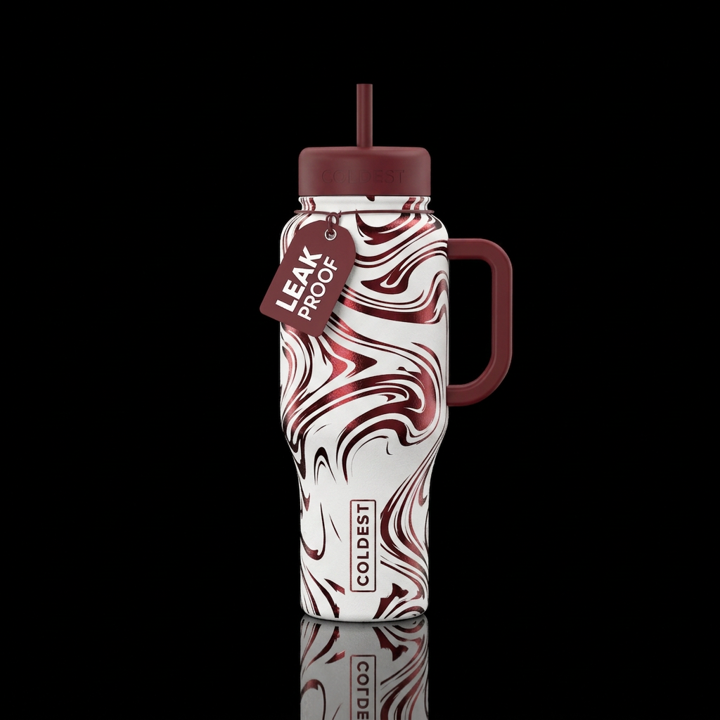 White background with dark red swirls that are foi... water bottle design