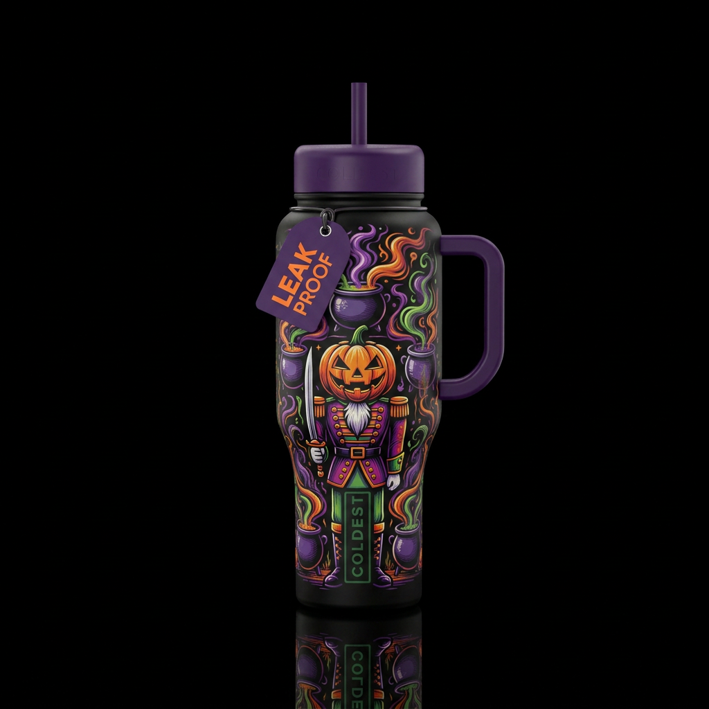 Pumpkin head nut cracker on a black background wit... water bottle design