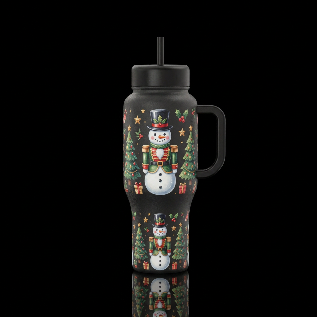 Snowman nutcracker with christmas trees and christ... water bottle design