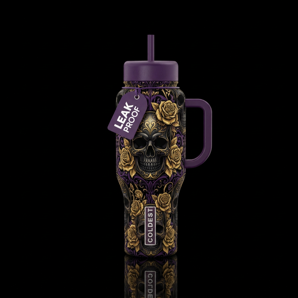 black skulls with gold roses and purple accent water bottle design