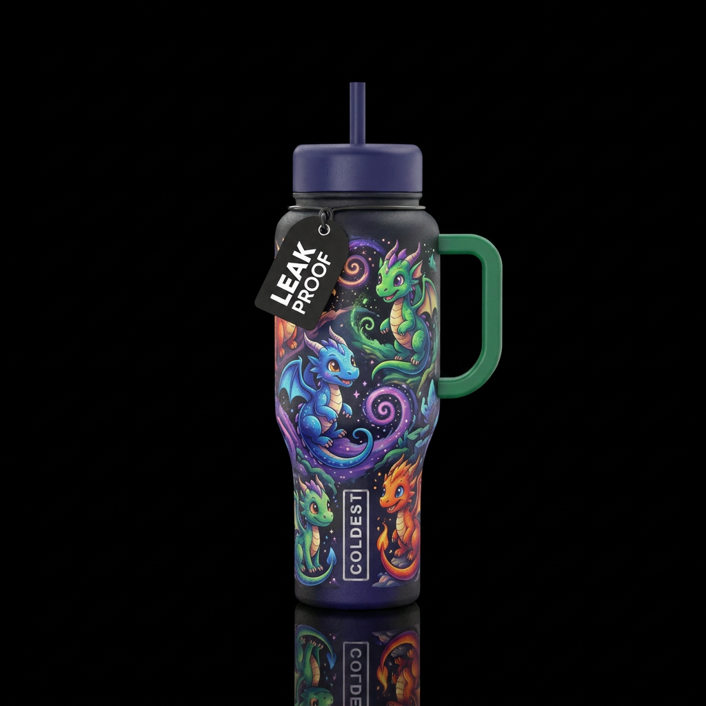 Baby dragons, fantasy, magical, vibrant, spirals, ... water bottle design