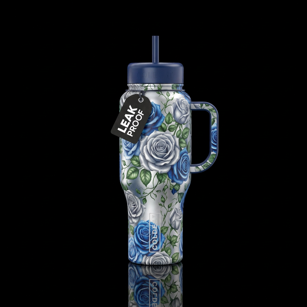 Silver and blue roses water bottle design