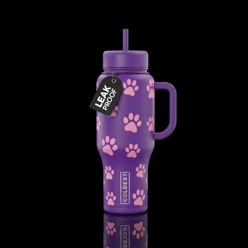 Purple background pink puppy paws water bottle design