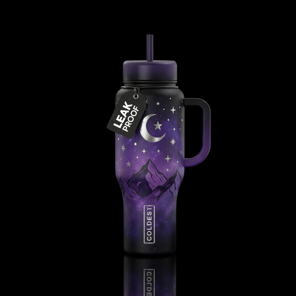 Black to dark purple ombre with silver er moon and... water bottle design