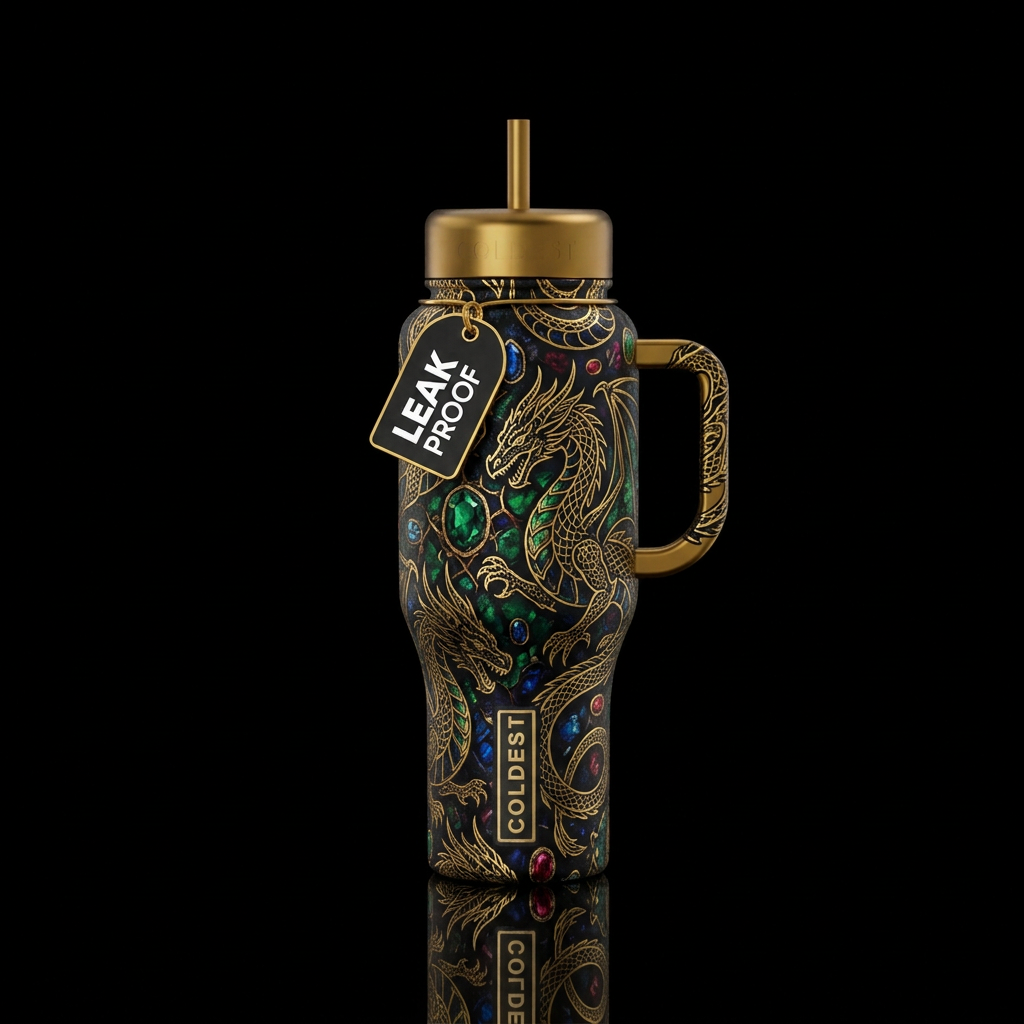 Fantasy themed with outlines of dragons in gold water bottle design