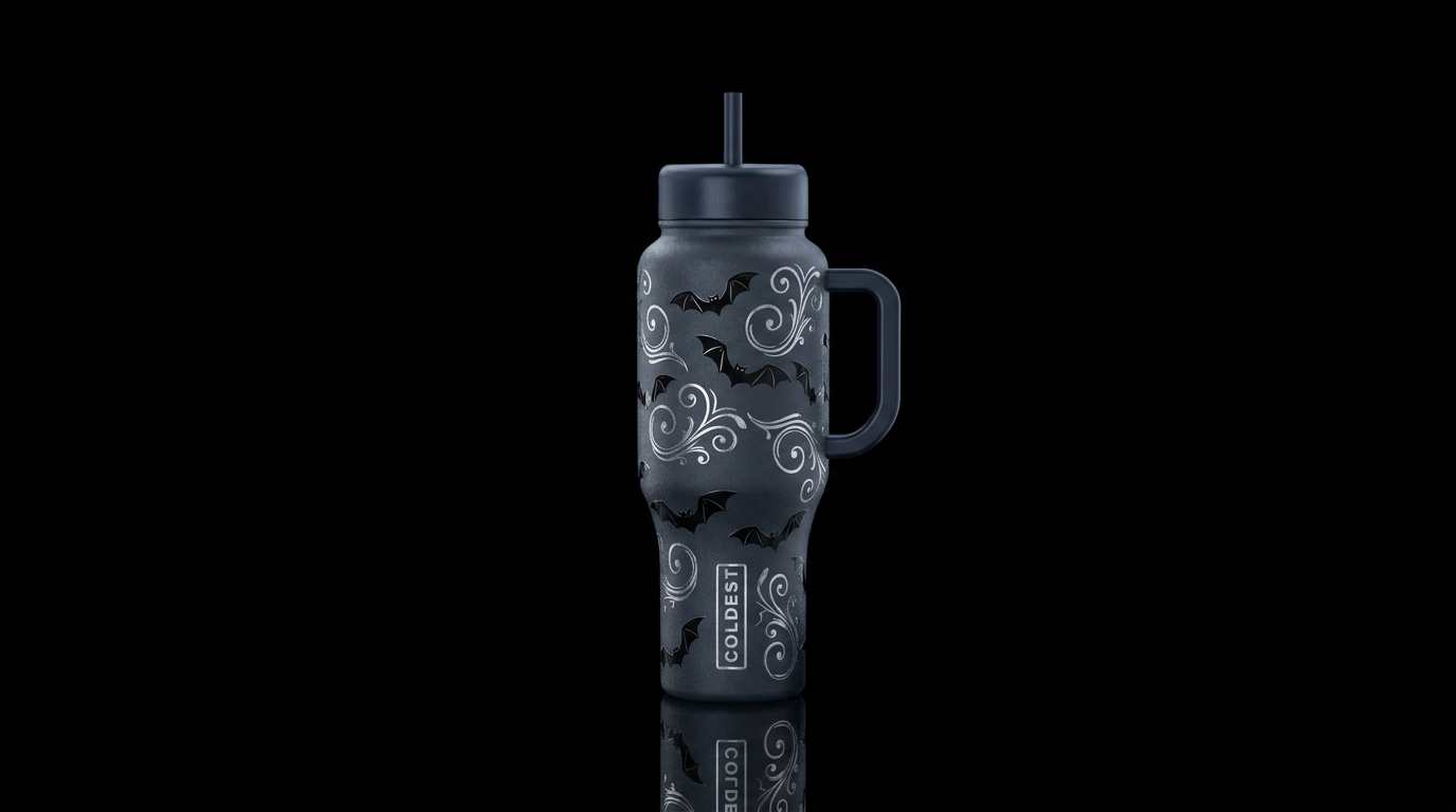 Little black bat wings randomly on background with... water bottle design