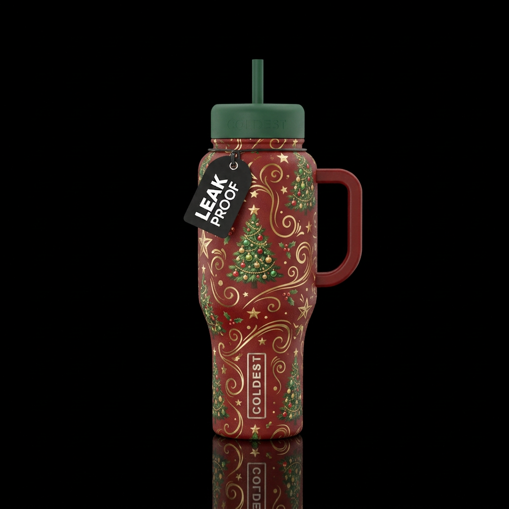 Little green decorated christmas trees randomly sc... water bottle design