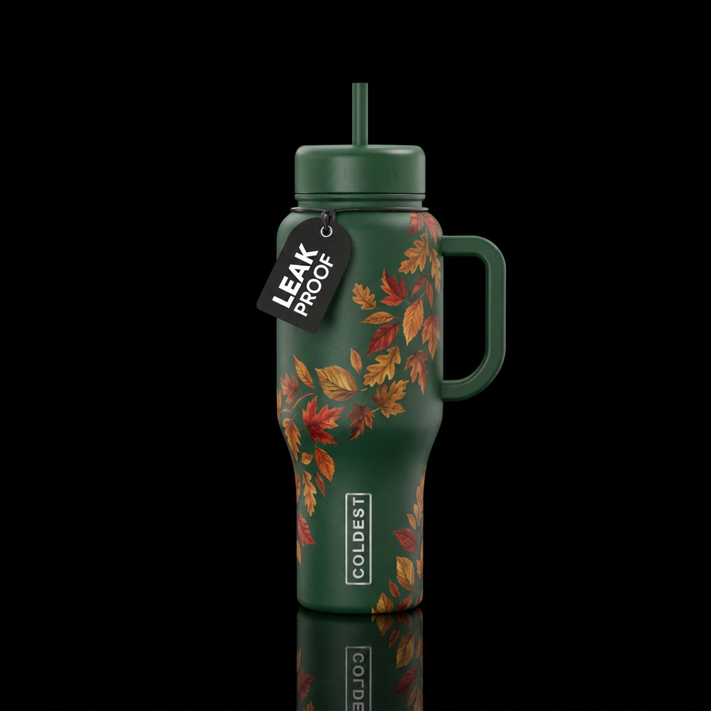 Foresr green back ground with autumn colored leave... water bottle design