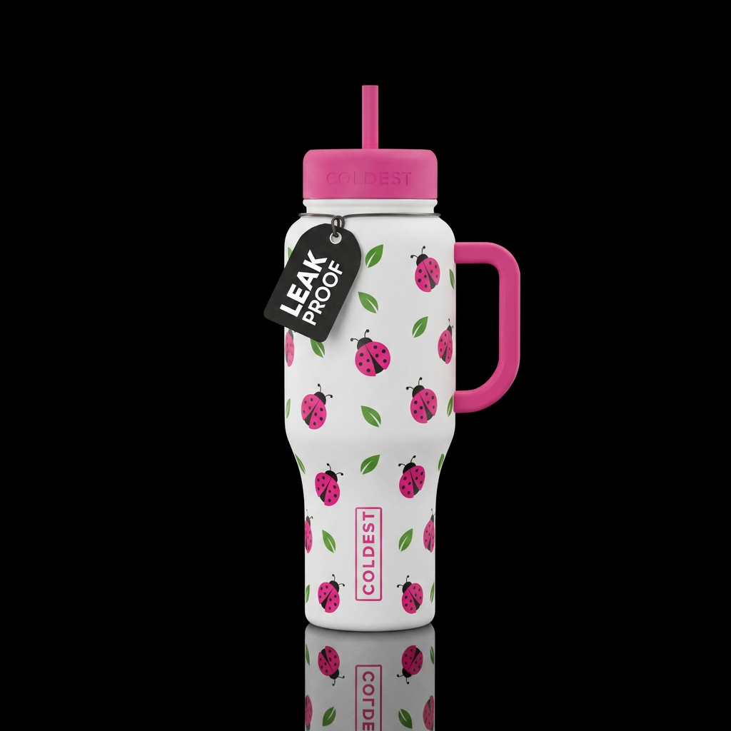 Qhite bottle with hot pink lady bugs scattered wit... water bottle design