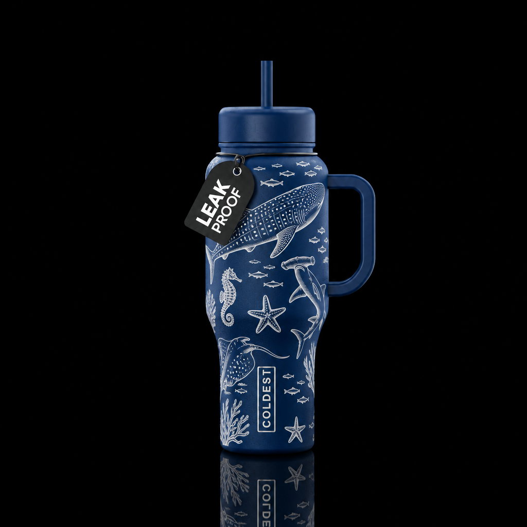 Dark blue bottle with outlined white sharks includ... water bottle design