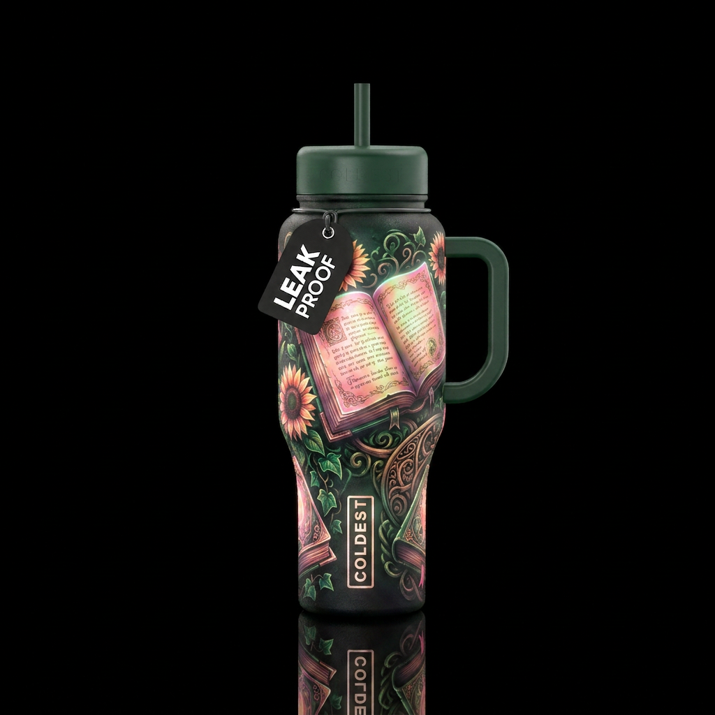 Glowie books, sunflowers, nature, iridescent pink,... water bottle design