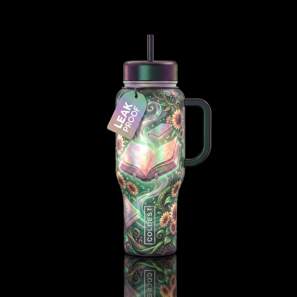 Glowie books, sunflowers, nature, iridescent pink,... water bottle design