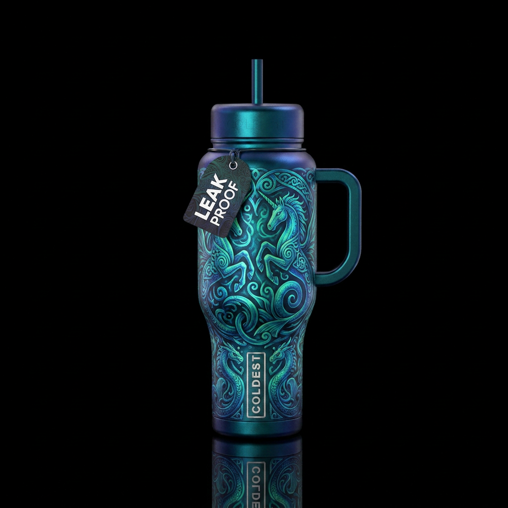 Iridescent Blue, green, swirls mythical, sea unico... water bottle design